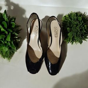 Kors Michael Kors Black Patent Leather Slingback Wedges, Peep Toe, Size 10M